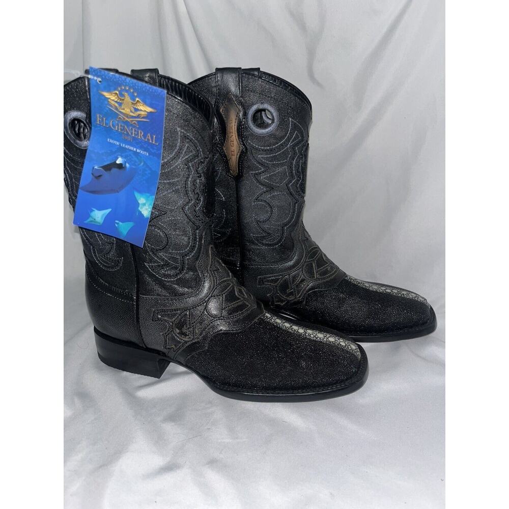 Exotic Black Genuine Stingray Leather Western Cowboy Boots Square Womens Sz 8.5‎